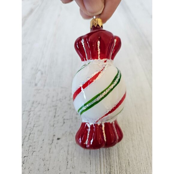 Glass candy ornament Columbia vintage Xmas red glitter peppermint tree - Picture 1 of 9